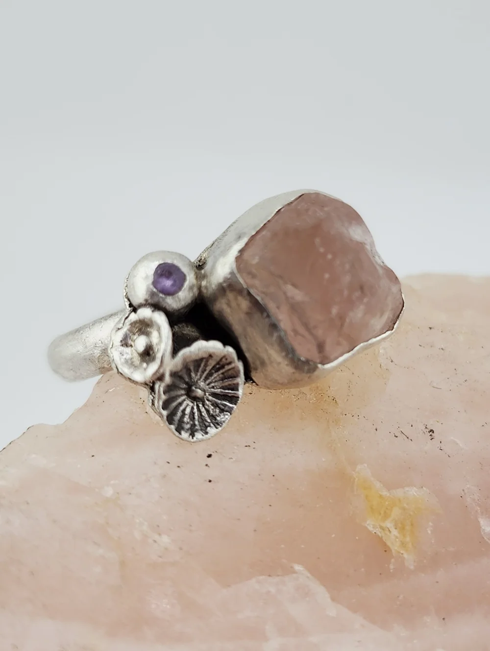 ROSE QUARTZ & AMETHYST FLOWER RING HANDMADE IN STERLING SILVER 7.5